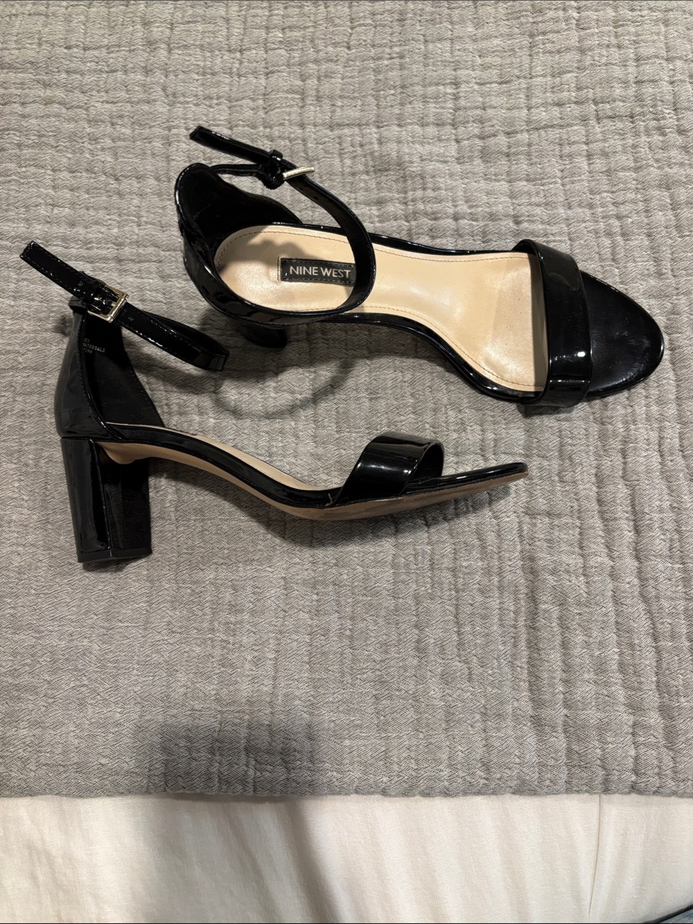 Nine West Black Patent Block Heel Sandals with Ankle Strap Buckle